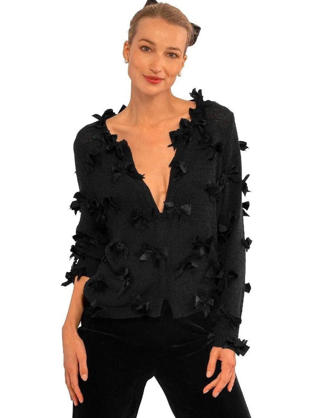 Gretchen Scott Silky Bow Knit Sweater black size S